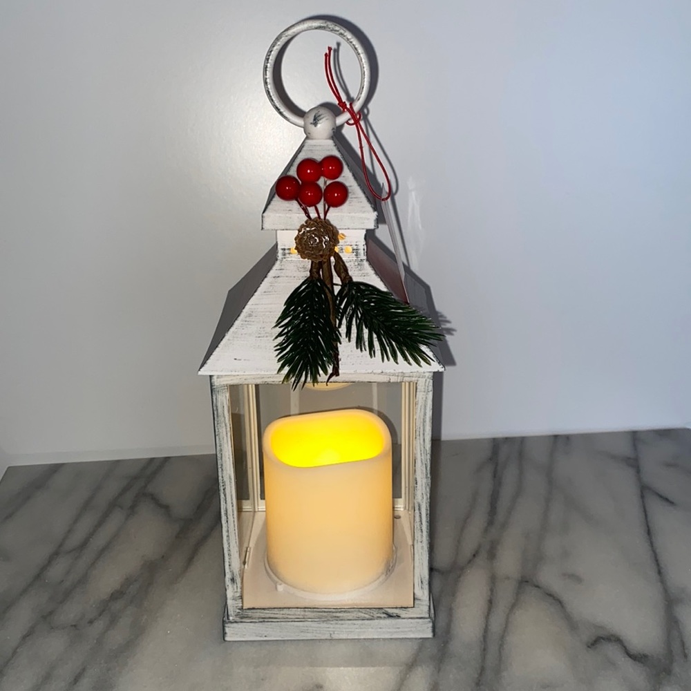 NWT- Flameless Outdoor LED Lantern with Pinecone & Berries, Antique White